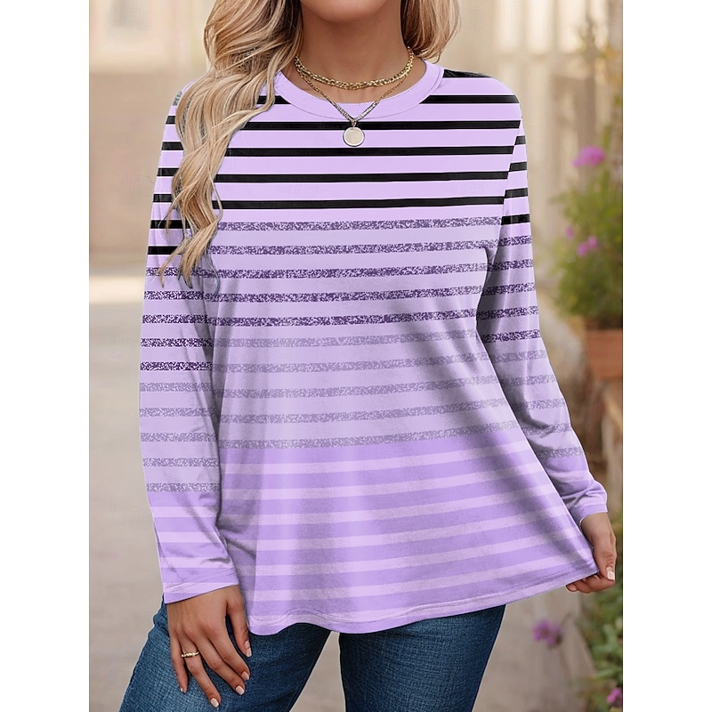 Women's Plus Size Tops T Shirt Graphic Striped Print Long Sleeve Crew Neck Casual Daily Polyester Fall Winter Yellow Pink4