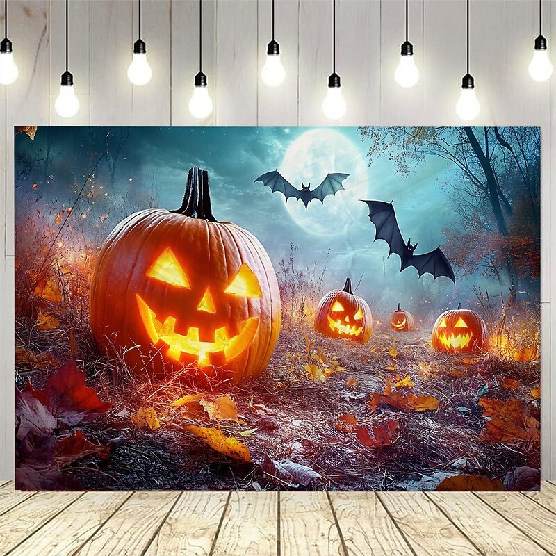 Halloween Photograph Backdrop Tapestry, Pumpkin Lantern, Bat, and Moon Pattern Wall Hanging, Large Decorative Mural for Bedroom, Living Room, Party, and Home Decoration