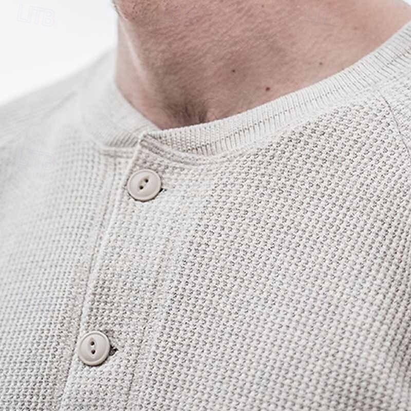 Men's Sweater Pullover Sweater Jumper Ribbed Knit Regular Tops Knitted Slim Fit Plain Henley Knitwear Contemporary Casual Daily Wear Clothing Apparel Fall Beige S M L2