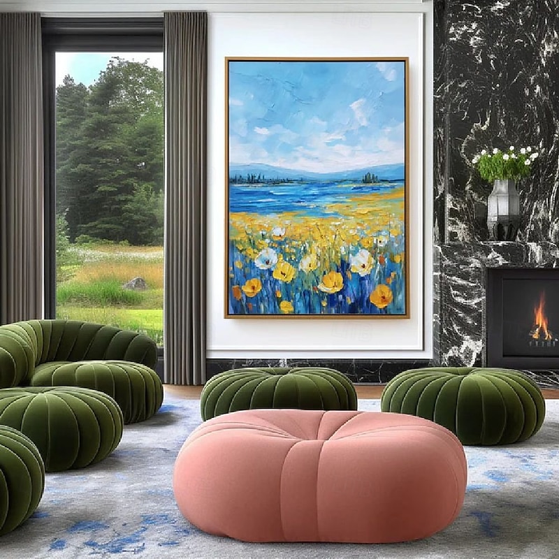 Handmade 3D Oil Painting Vibrant Floral Landscape with Sunlit Meadow Blooming Wildflowers and Mountain Lake Under Clear Blue Sky-High Quality Detailed Brushstrokes Create Realistic 3D Painting