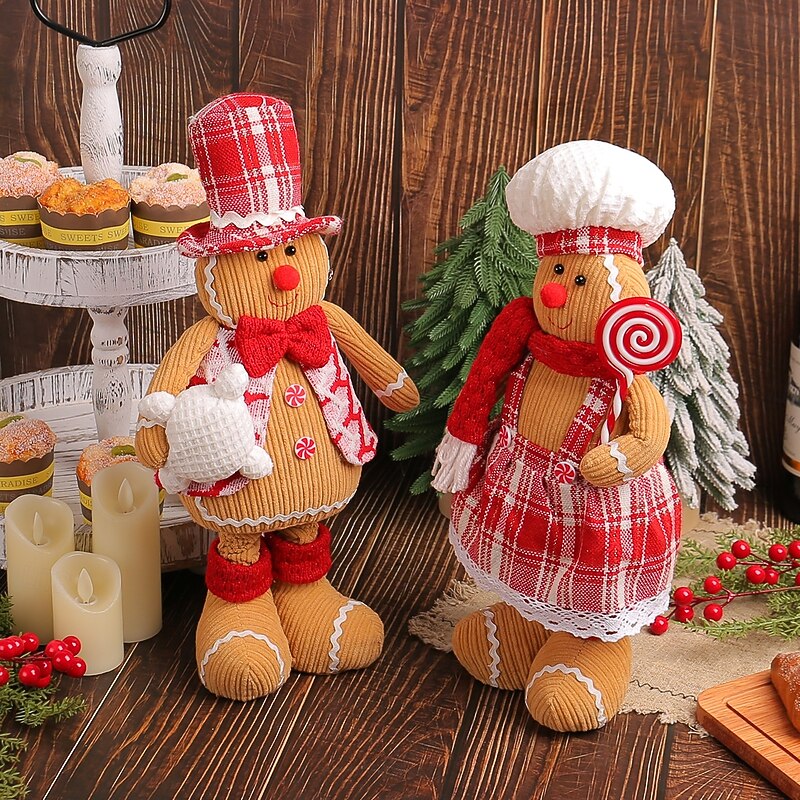 Christmas Stretchable Gingerbread Doll with Cute Chef Hat Adorable Couple Plush Figurines Standing Window Display Festive Holiday Decoration Gift for Home3