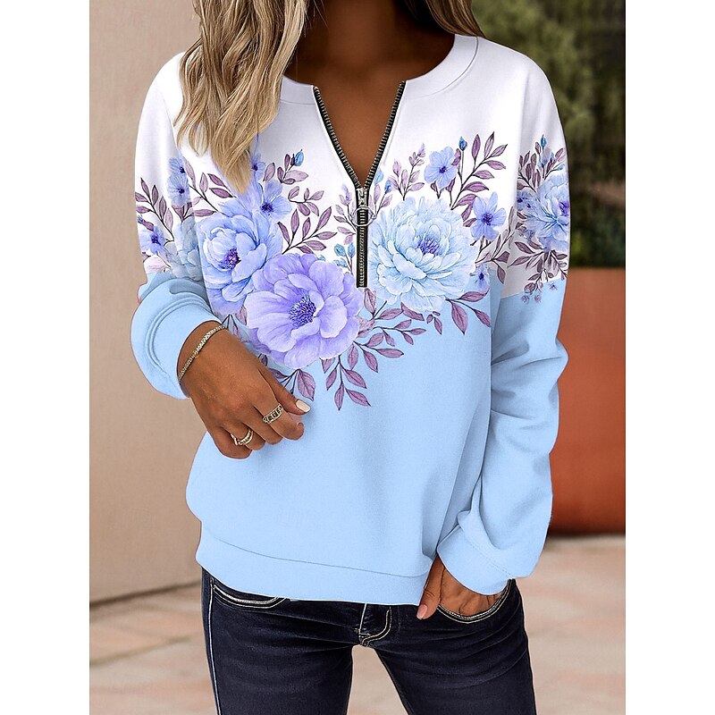 Women's Pullover Sweatshirt Zip Up Sweatshirts Floral Graphic Fashion Casual Long Sleeve Crew Neck Regular Tops Street Dailywear Zipper Print Pink Blue Purple Green Spring Fall Winter3