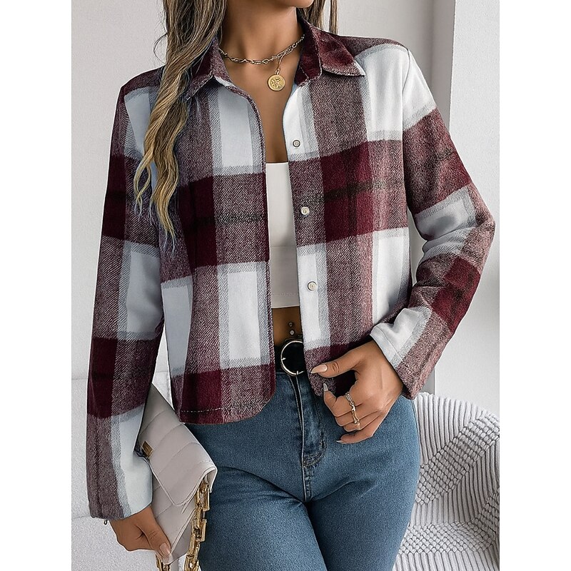 Women's Casual Jacket Comfortable Breathable Print Casual Plaid Vacation Street Casual Daily Wear Single Breasted Short Turndown Regular Fit Long Sleeve Outerwear Red Blue Green Spring Fall3