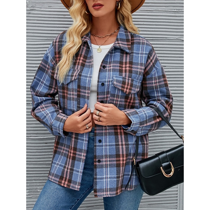 Women's Shirt Jacket Casual Jacket Comfortable Breathable Pocket Buttons Print Fashion Casual Plaid Vacation Street Casual Daily Wear Single Breasted Regular Stand Collar Regular Fit Long Sleeve