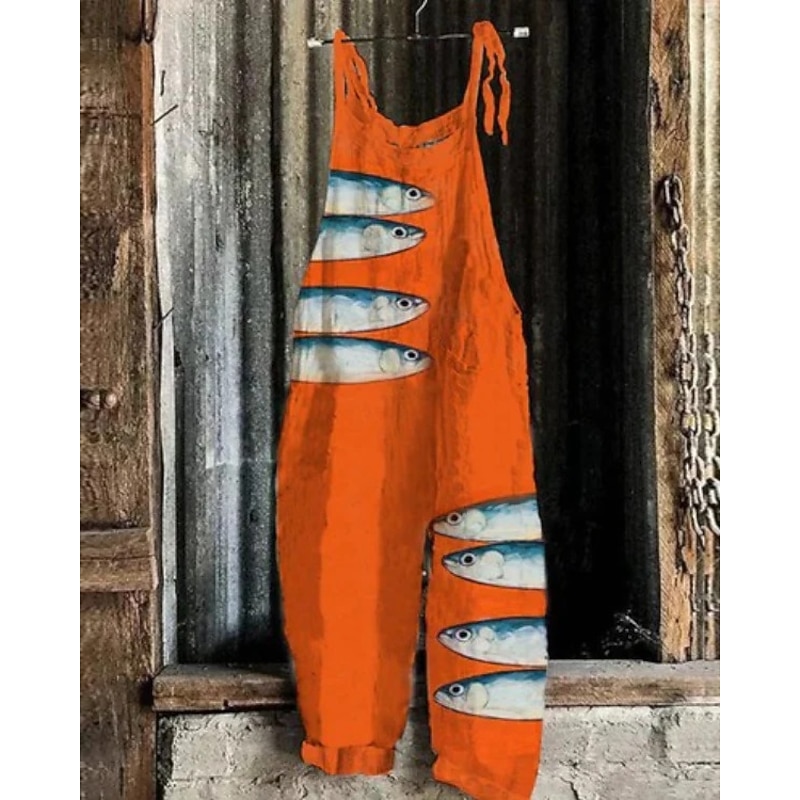Women's Jumpsuit Vacation Vintage Ethnic Style Full Length Mid Waist Animal Fish Breathability Lightweight Soft Inelastic Causal Casual Daily Black White Navy Blue Orange Summer Spring2