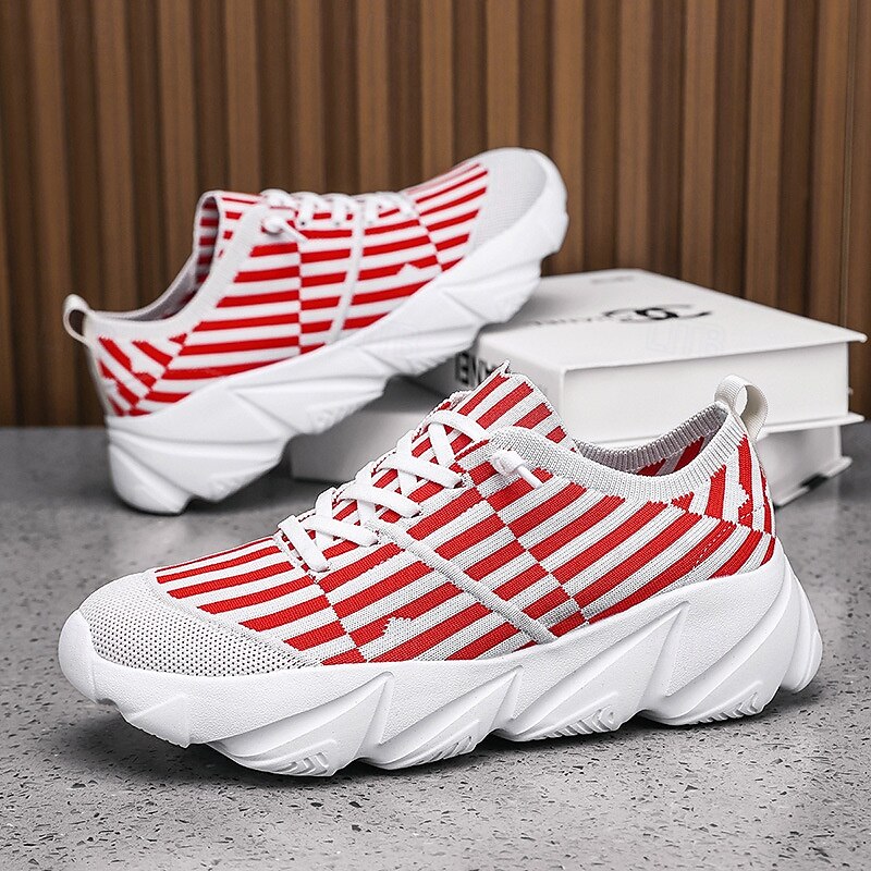 Men's Red and White Striped Mesh Sneakers – Lightweight Breathable Sports Shoes for Running, Gym and Casual Streetwear2