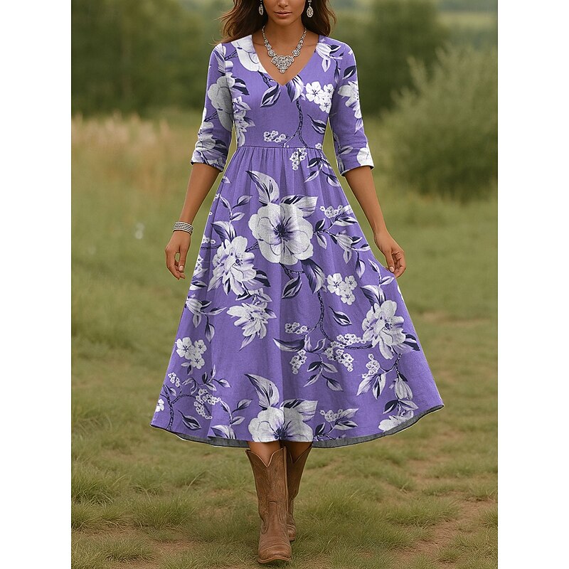 Women's Midi Dress Casual Dress A Line Dress Vacation Casual Regular Fit Floral Graphic 3/4 Length Sleeve V Neck Pink Blue Purple Green Spring Fall2