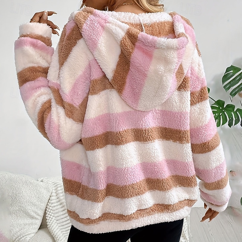 Women's Double Fuzzy Sweatshirt Thick Warm Drawstring Long Sleeve Sports Stripes Top For Outdoor Travel Vacation Activewear4