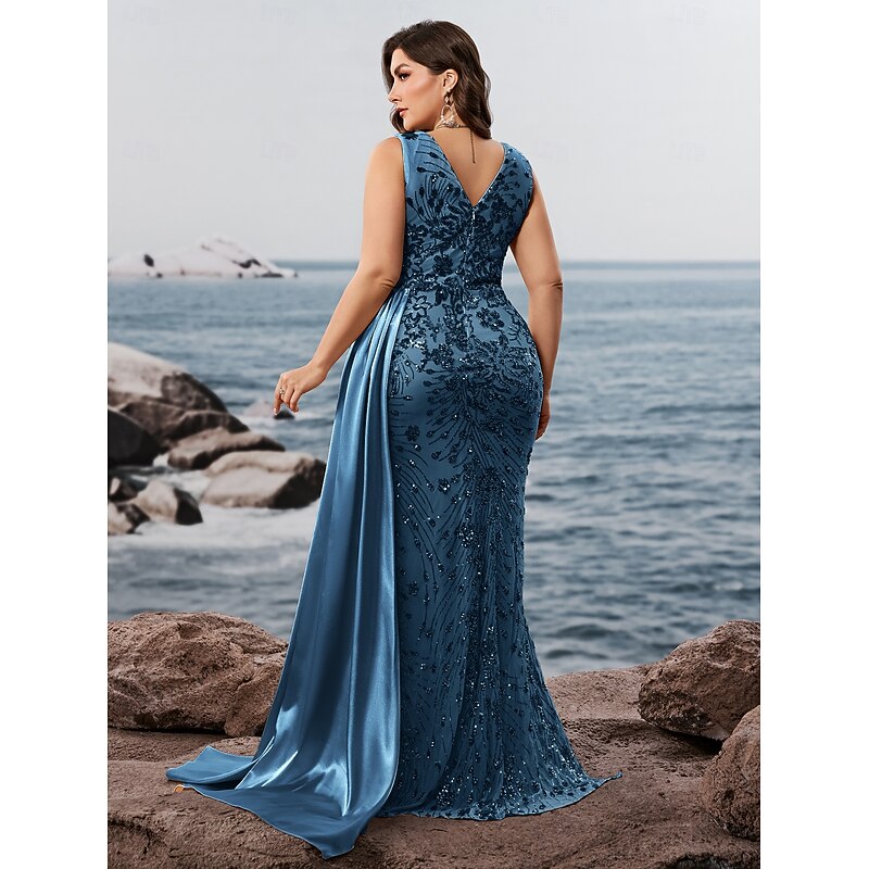 Mermaid / Trumpet Evening Gown Sparkle Formal Dress Wear Long Length Sleeveless V Neck Capes Sequined V Back with Sequin2