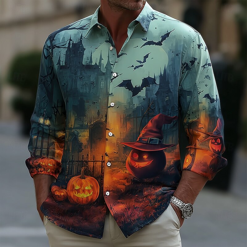 Halloween Men's Pumpkin Haunted House Halloween Costumes Shirt Button Up Shirt Long Sleeve Casual Outdoor Holiday Summer Spring Turndown 3D Print Collared Shirts Green Dark Blue2