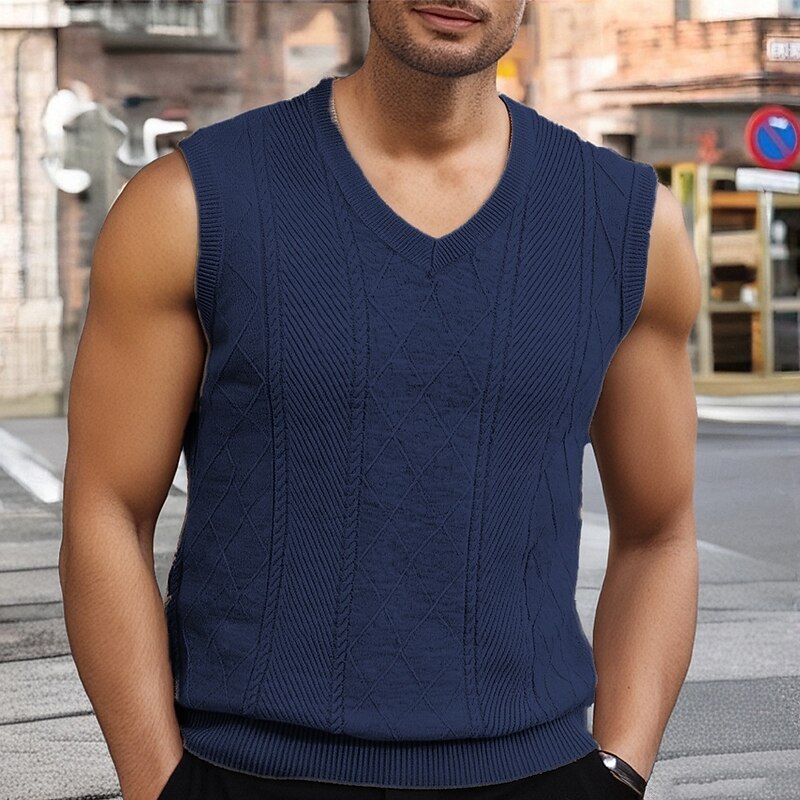 Men's Sweater Vest Dress Sweater Pullover Sweater Jumper Vest Knit Sweater Ribbed Knit Regular Tops Knitted Plain V Neck Fashion Casual Vacation Daily Wear Clothing Apparel Spring Fall Camel Navy Blue4