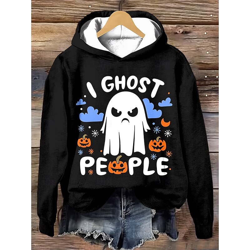 Halloween Women's Hoodie Pullover Sweatshirt Oversized Long Sleeve Casual Pumpkin Graphic Skull Fashion Print Hooded Street Dailywear Drawstring Print White Blue Purple Orange Brown Fall W4
