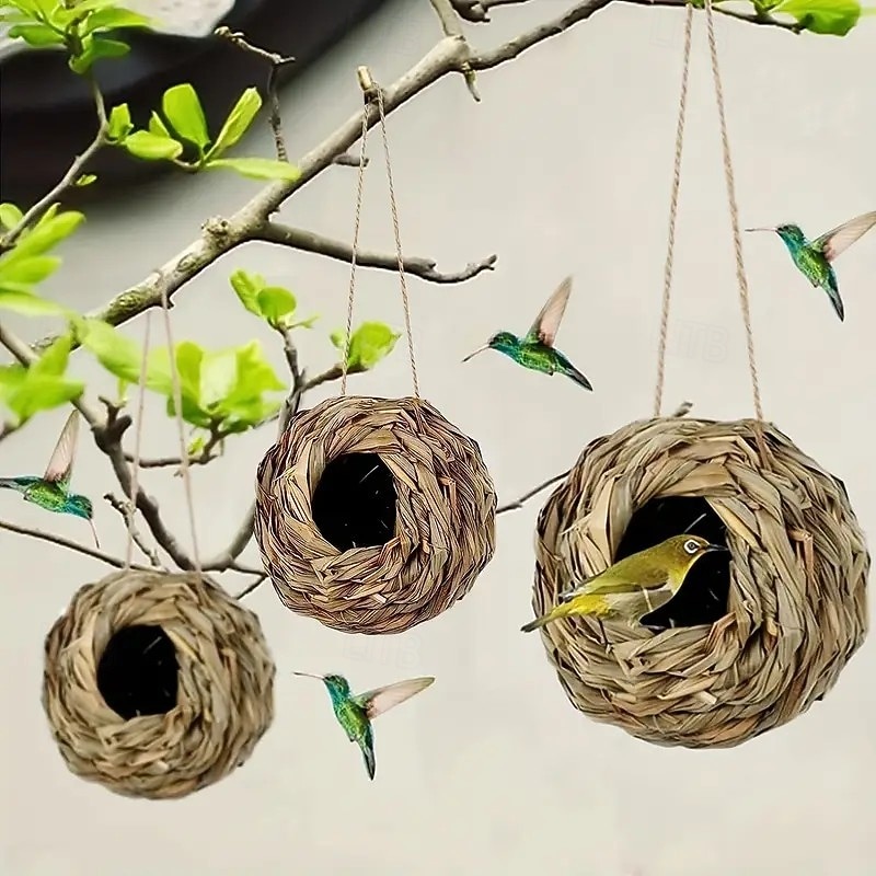 2/4PCS Handmade Woven Hummingbird Nest House, Ball-Shaped Birdhouse for Outdoor Garden and Patio, Comfortable Nesting Habitat for Birds2