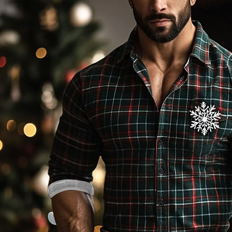 Men's Geometric Grid / Plaid Snowflake Shirt Button Up Shirt Casual Dress Shirt Long Sleeve Vintage Retro Outdoor Casual Holiday Spring Fall Turndown 3D Print Linen Like Shirt Dark Green Green3