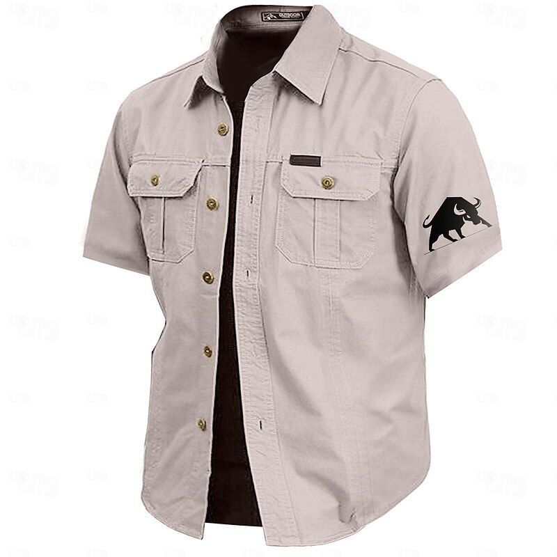 Men's Bull Work Shirt Western Shirt Cargo Shirt Short Sleeve Casual Tactical Sports Outdoor WorkWear Summer Spring Turndown Front Two Pockets Cotton Button Up Shirts Army Green Khaki Dark Blue Beige2