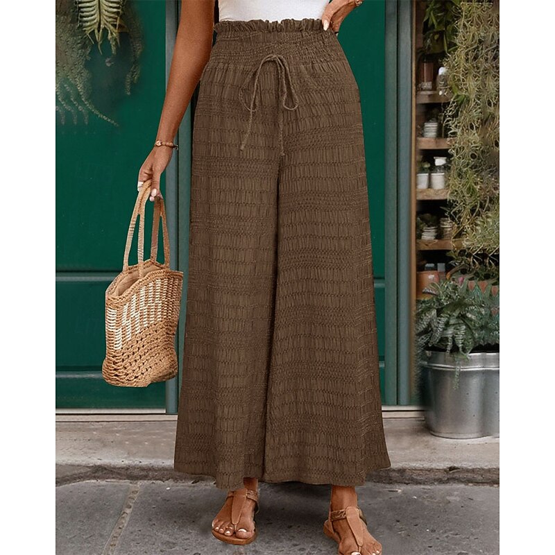 Women's Wide Leg Slacks Streetwear Casual Full Length Natural Plaid Elastic Drawstring Design Soft Street Daily Wear Weekend Coffee Fall Regular Fit