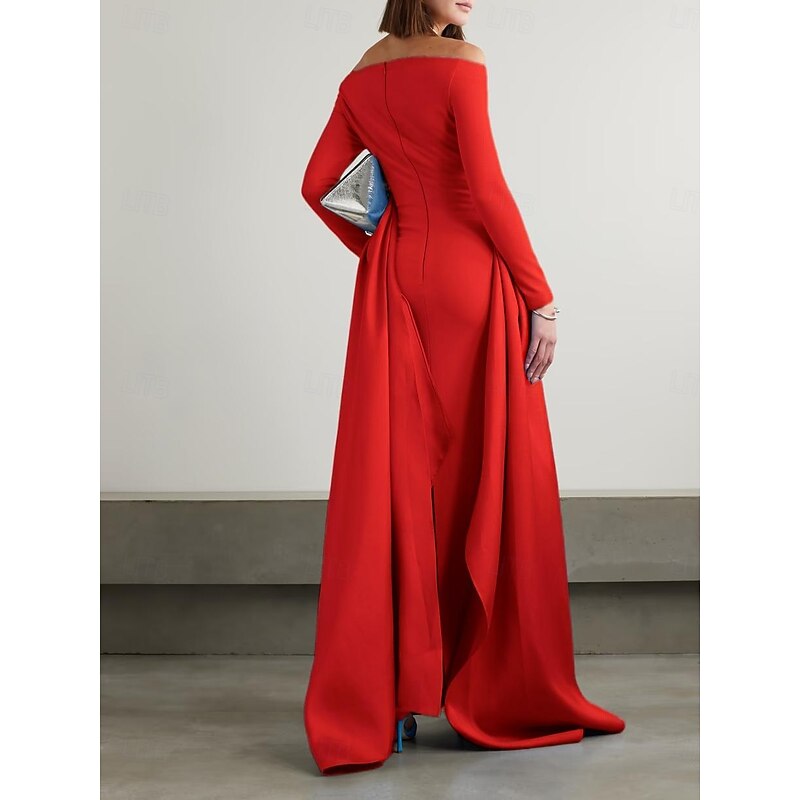 A-Line Evening Gown Elegant Dress Stretch Crepe with Satin Overskirt Pleats Formal Wedding Floor Length Long Sleeve Off Shoulder 20252