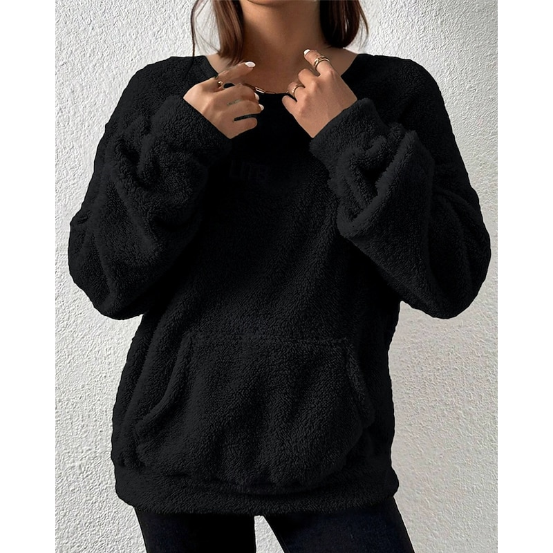 Women's Hoodies Plain Streetwear Casual Long Sleeve Crew Neck Regular Tops Street Holiday Pocket Black Fall Winter