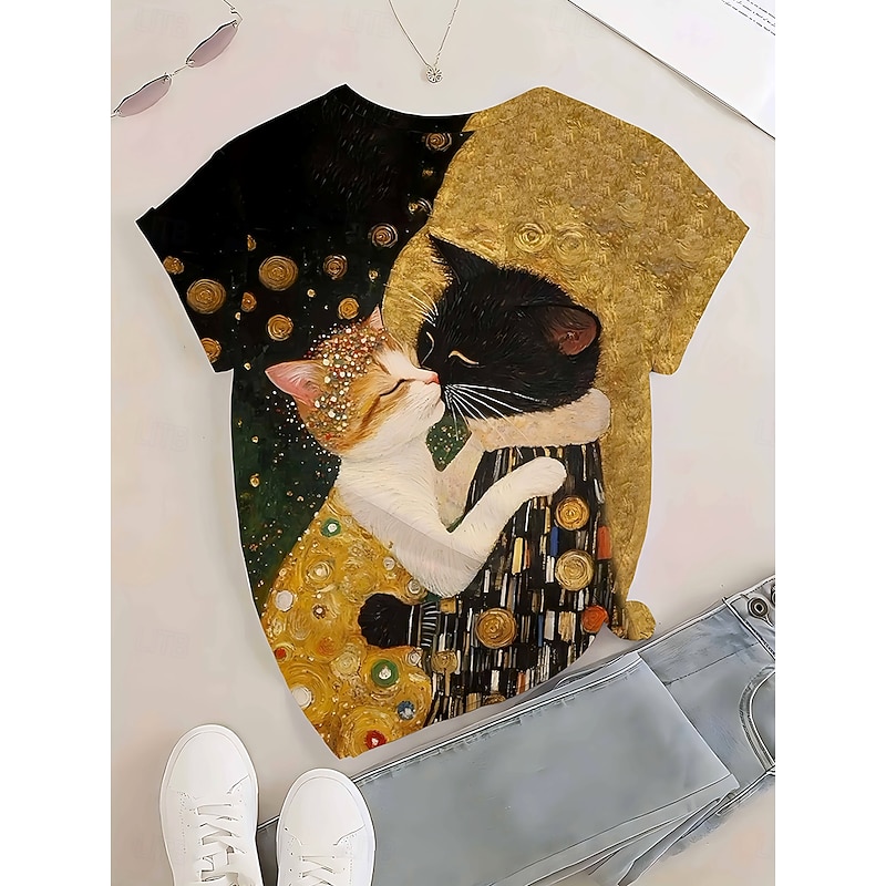 Women's T Shirt Graphic Animal Cat Vintage Stylish Classic Short Sleeve Crew Neck Round Neck Regular Tops Daily Weekend Print Gold Summer Spring Fall3