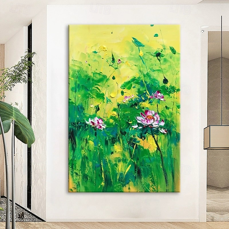 Handmade Oil Painting Canvas Wall Art Decoratio Abstract Green Lotus Flowers Landscape for Home Decor Rolled Frameless Unstretched Painting4