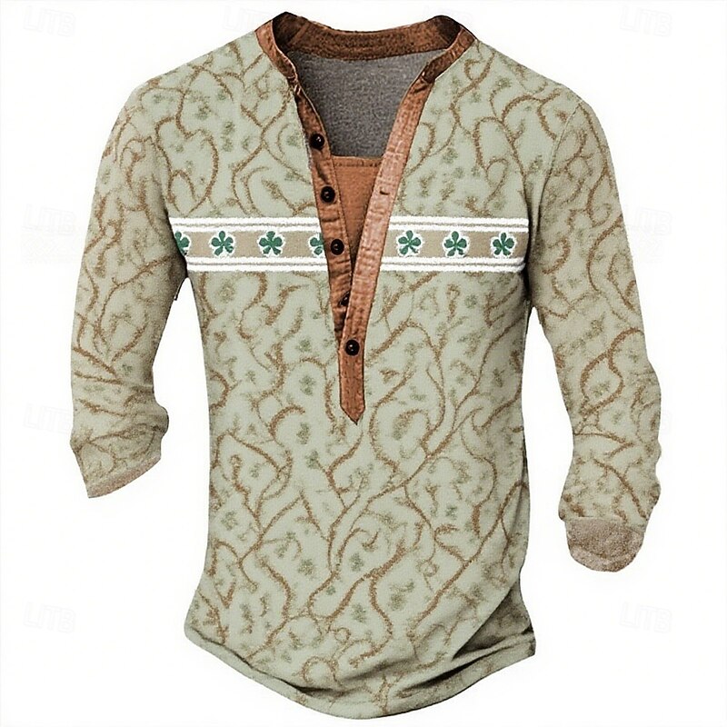 Men's Print Clover T Shirt Henley Shirt Long Sleeve Designer Retro Vintage Bohemian Street Casual Daily Summer Spring Fall Blue Brown Green khaki Grey Henley Henley T-Shirt