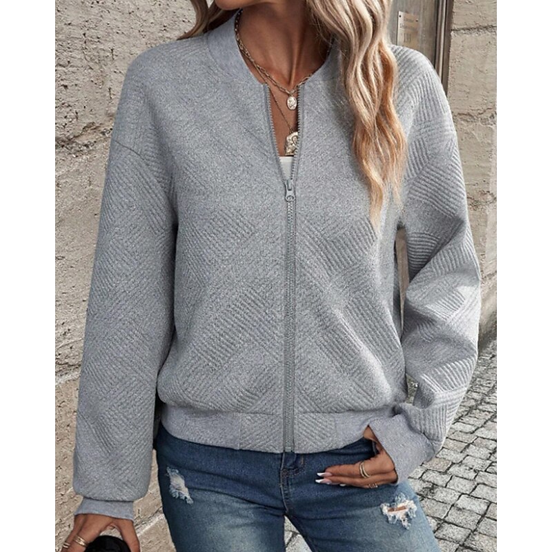 Women's Casual Jacket Comfortable Zipper Fashion Plain Going out Weekend Zipper Regular Crewneck Regular Fit Long Sleeve Outerwear Black White Pink Fall Winter2