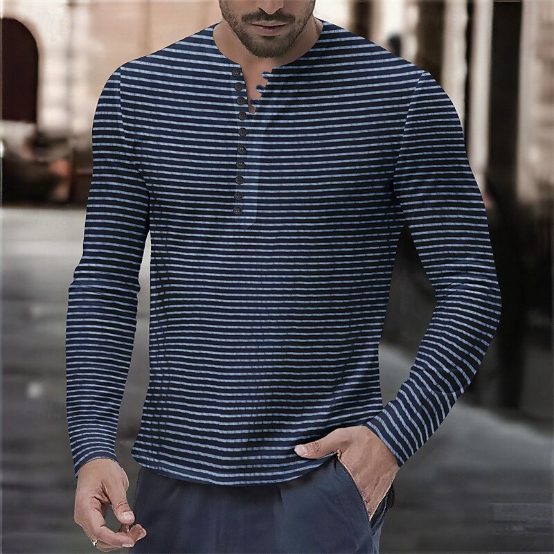 Men's T Shirt Henley Shirt Tee Tee Top Long Sleeve Henley Spring Fall Striped Fashion Designer Basic Buttons Vacation Street Going out Yellow Wine Navy Blue Top Tee for Men4