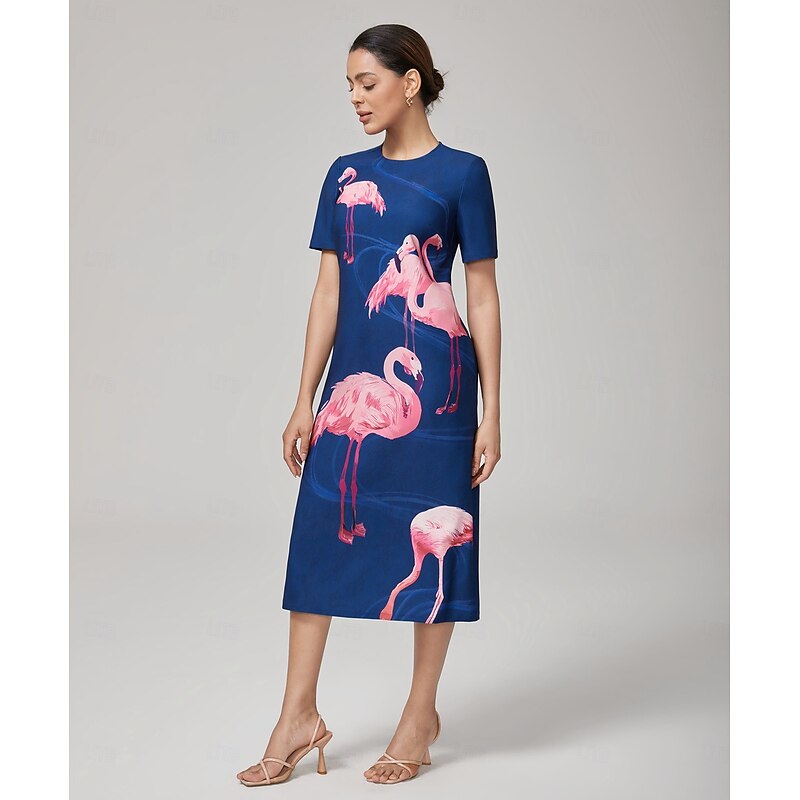 Women's Casual Dress Royal Blue Short Sleeve Flamingo Summer Crew Neck Vacation XS S M2