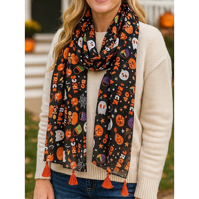 Women's Halloween Trick or Treat Scarf – Lightweight Pumpkin Ghost Print Shawl with Tassels for Costume Parties, Autumn Fashion and Festive Wear