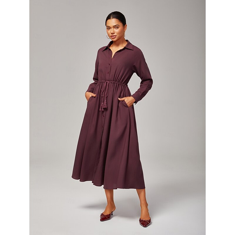 Women's Dress Casual Boho Maxi Mid Rise Dress Wine Red Lyocell Comfortable Breathable Adjustable Waistband3