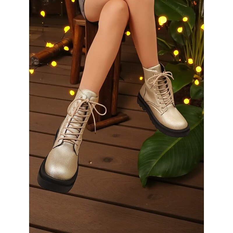 Women's Gold Faux Leather Lace-Up Combat Boots with Chunky Black Sole - Trendy Nightlife Party Footwear