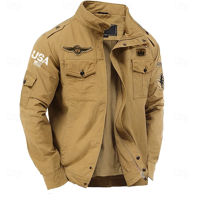 Men's Cotton Embroidered Military Jacket Windbreaker with Shoulder Straps Long Sleeve Standing Collar Multi-Pockets Trucker Jacket USA Flag Print Tactical Outerwear