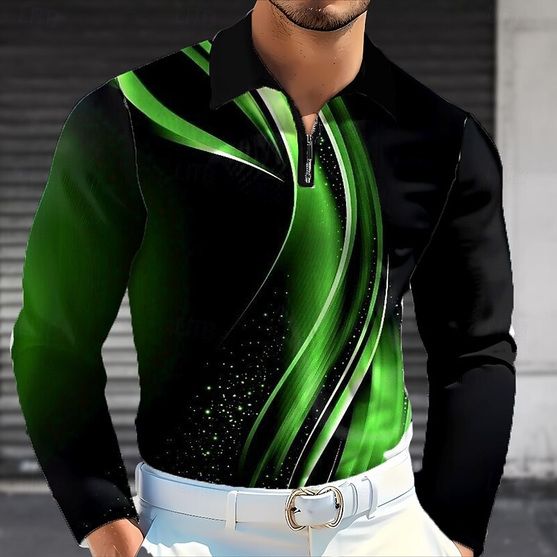 Men's Geometic Line Polo Long Sleeve Polo Shirts Lapel Business Casual Business Daily Wear 3D Print Buttons Spring Fall Lake blue Blue Green2