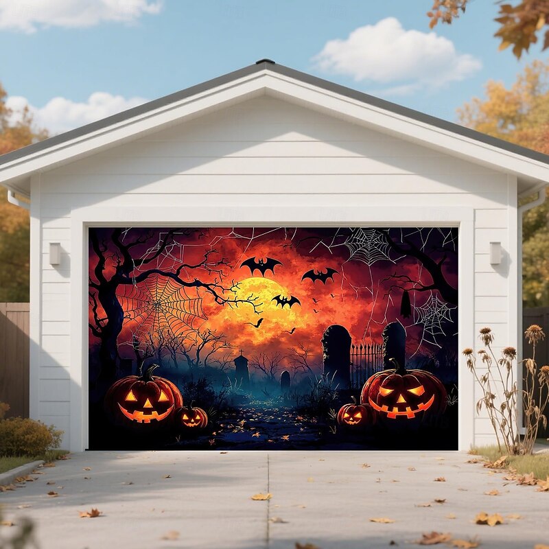 Halloween Tapestry Garage Door Cover Large Hanging Backdrop Pumpkin Cemetery Dark Punk Gothic Style Party Outdoor Shooting Backgrounds Front Door Home Decor3
