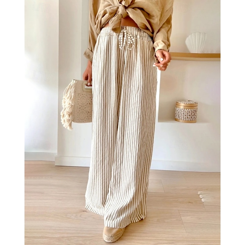 Women's Wide Leg Slacks Streetwear Casual Full Length Natural Striped Elastic Drawstring Design Comfortable Street Holiday Daily Wear Black Red Blue Khaki Fall Regular Fit2