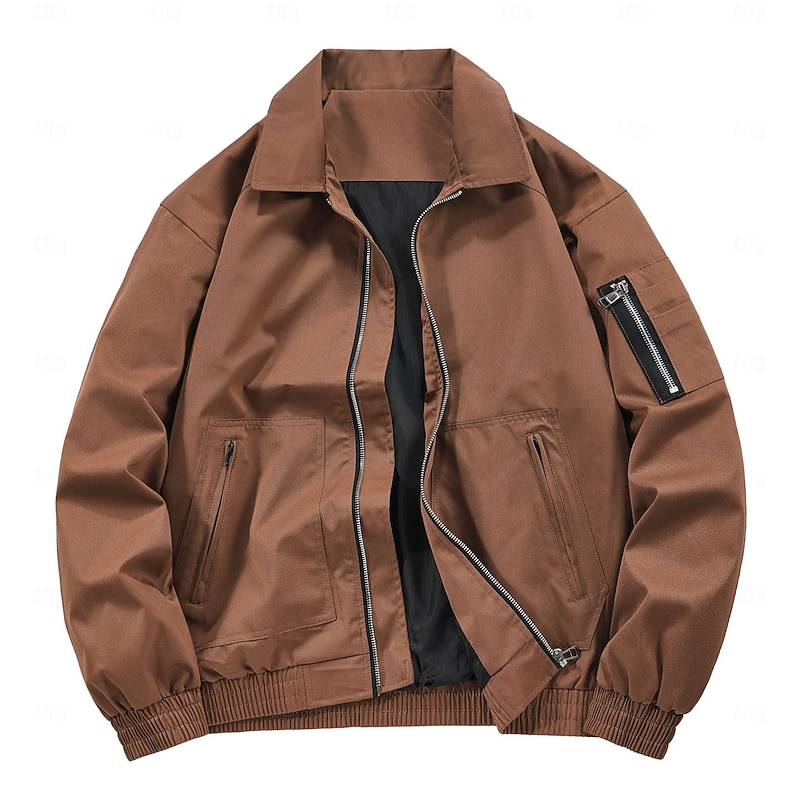 Men's Trucker Jacket Bomber Jacket Cargo Jacket Outdoor Casual Windbreaker Full Zip Zipper Pocket Fall Solid Color Punk Active Regular Black White Blue Purple Brown Jacket3