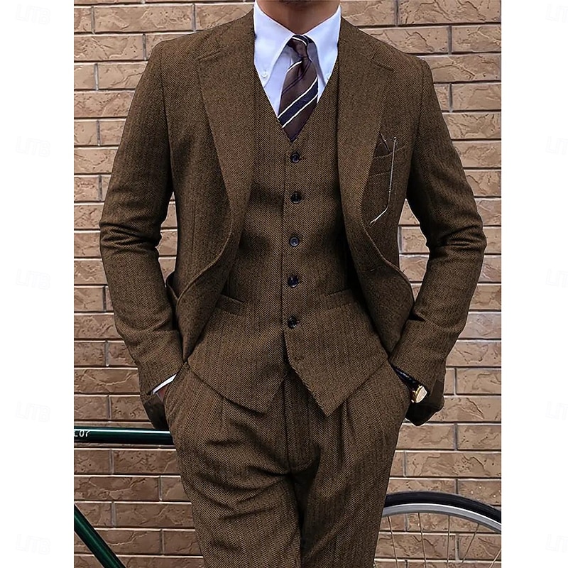 Men's Business Casual Tweed Suits Notch Lapel Coffee Solid Colored Tailored Fit 3 Piece Single Breasted Three-buttons