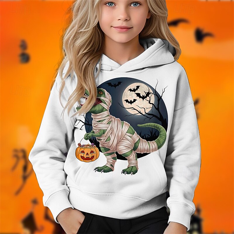 Halloween Girls' 3D Pumpkin Dinosaur Hoodie Long Sleeve Fall Winter Fashion Adorable Basic Kids 4-12 Years Hooded Outdoor Casual Daily Regular Fit