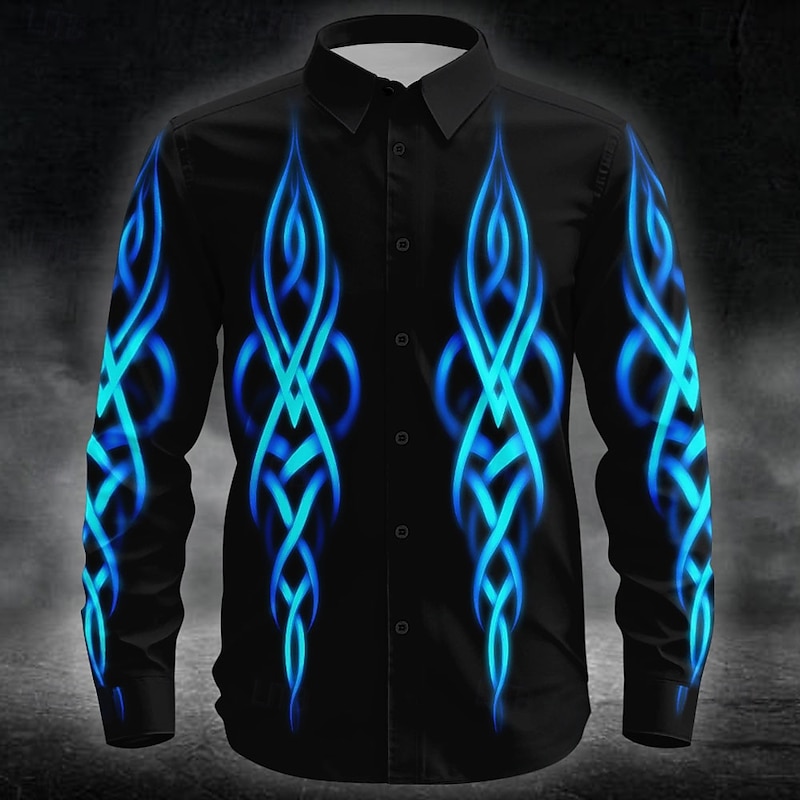 Halloween Men's Tribal Neon Glow Halloween Costumes Shirt Button Up Shirt Long Sleeve Dark Punk Gothic Style Outdoor Holiday Summer Spring Turndown 3D Print Collared Shirts Blue Purple Green