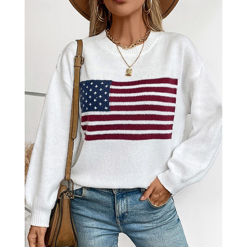 Women's Sweater Pullover Casual Star Striped Ribbed Crew Neck Knitted Print Long Sleeve Regular Tops Knit Outdoor Holiday Weekend White Gray Winter2