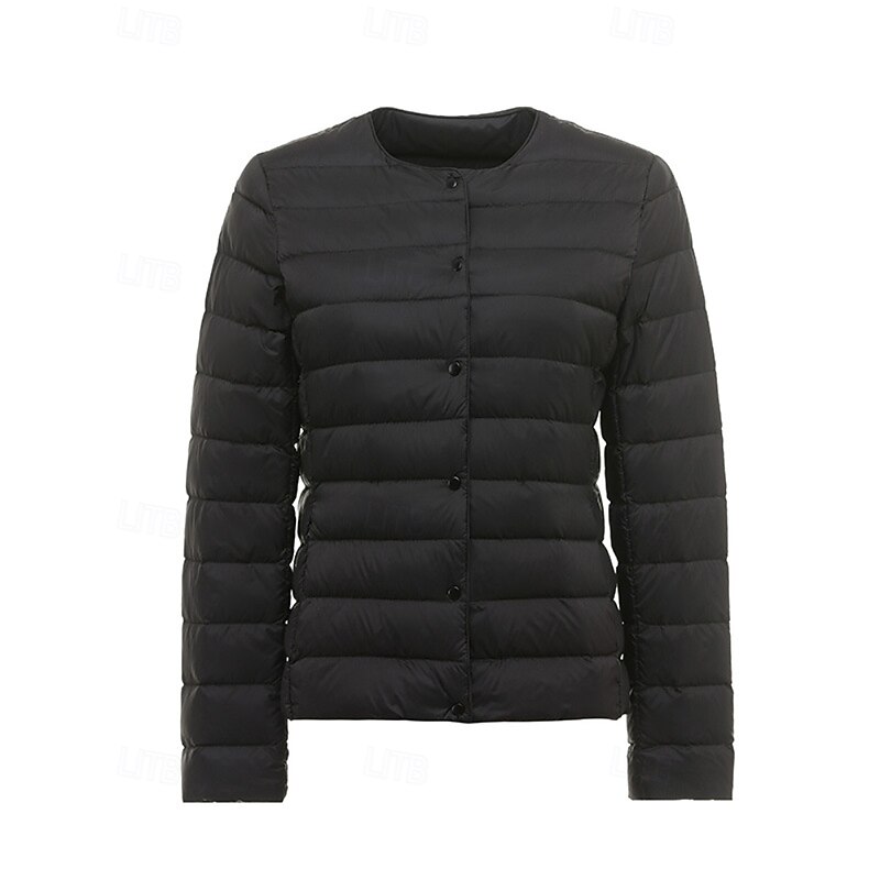 Women's Down Jacket Puffer Jacket Warm Comfortable Pocket Buttons Casual Plain Holiday Going out Casual Daily Single Breasted Regular Crewneck Regular Fit Long Sleeve Outerwear Navy Black White Fall3