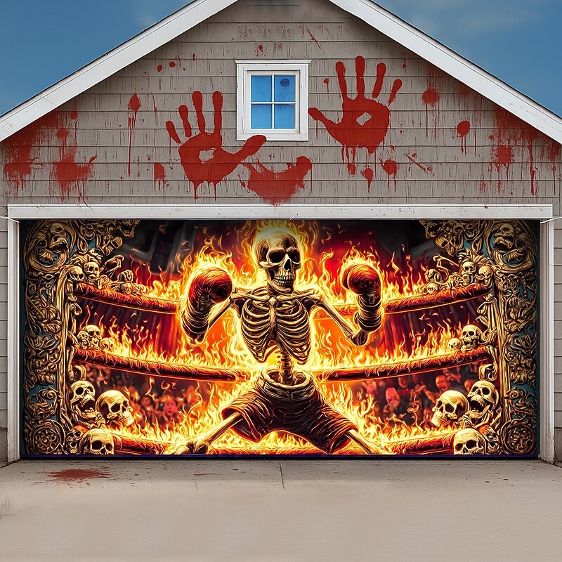 Halloween Garage Door Cover Large Hanging Backdrop Skeleton Flame Boxing Dark Punk Gothic Style Party Outdoor Shooting Backgrounds Yard Haunted House Home Decor