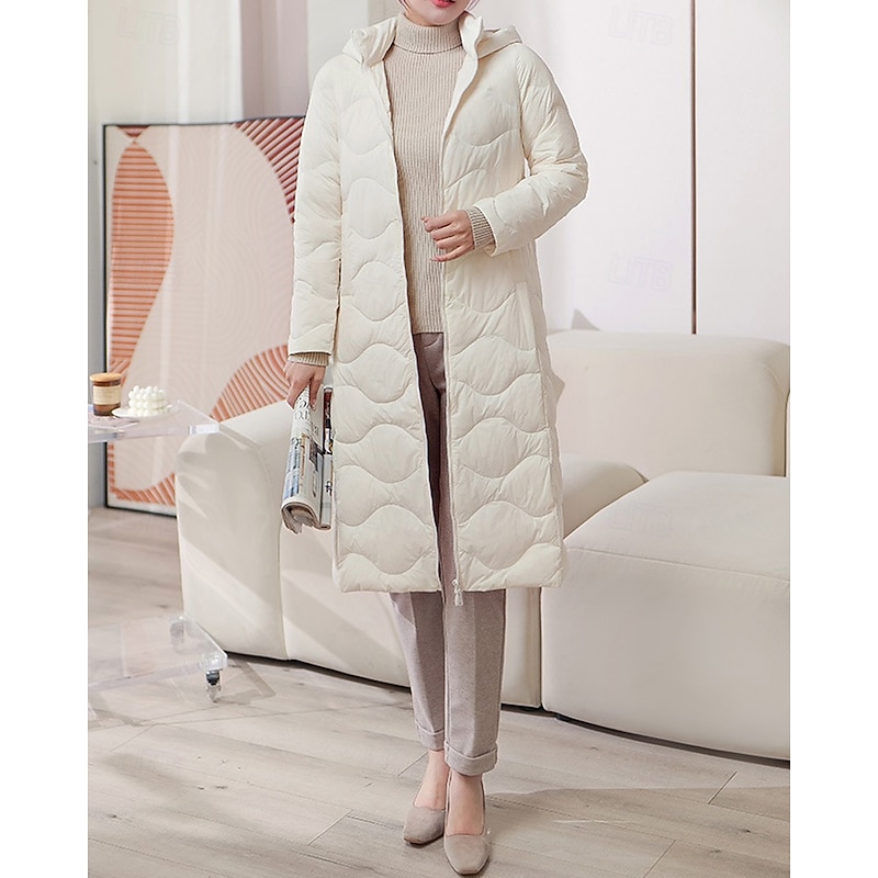 Women's Down Jacket Coat Warm Comfortable Zipper Pocket Casual Plain Outdoor Vacation Holiday Going out Zipper Long Hooded Regular Fit Long Sleeve Outerwear Light Blue White Purple Fall Winter2