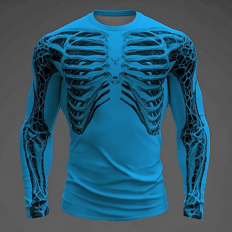 Halloween Men's 3D Skeleton T Shirt Long Sleeve T shirt 3D Print Crew Neck Shirt Fashion Exaggerated Street Casual Daily White Blue Orange Summer Spring Fall Clothing Apparel S M L XL XXL XXXL3