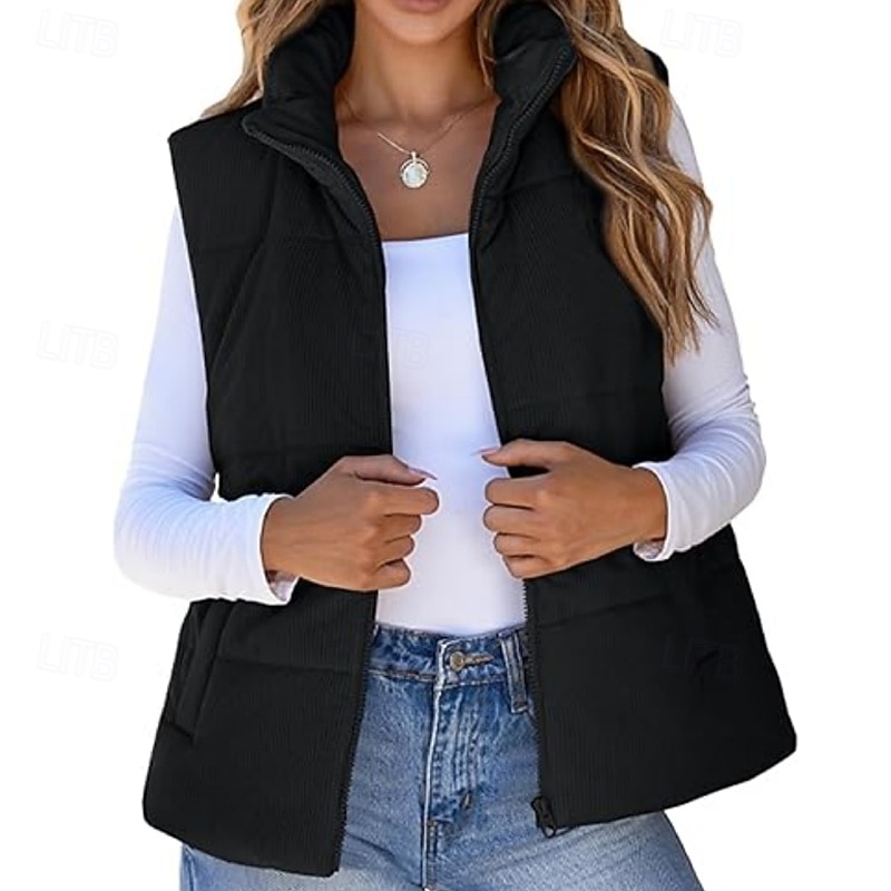Women's Vest Warm Comfortable Zipper Pocket Fashion Plain Going out Weekend Zipper Regular Stand Collar Regular Fit Sleeveless Outerwear Black Pink Apricot Fall Winter