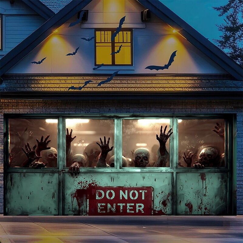 Halloween Garage Door Cover, Scary Zombie Do Not Enter Curtain, Haunted House 2025 Halloween Outdoor Decoration, Creepy Blood Splatter Horror Decor3