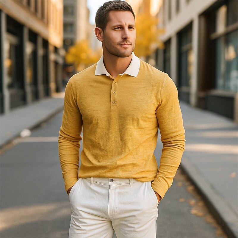 Men's Polo Shirts Golf Polos Shirts Business Casual Lapel Classic Long Sleeve Fashion Basic Solid Color Patchwork Color Block Fall Winter Regular Fit Yellow Burgundy Navy Blue Polo Shirts2