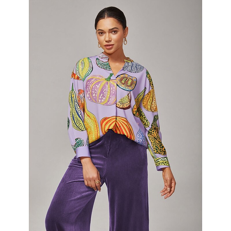 Women's Purple Pumpkin Print Pullover Shirt Loose Fit Drop Shoulder Stand Collar Inverted Pleat Stylish Elegant Daily Work Casual Fall3