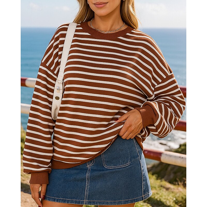 Women's Pullover Sweatshirt Casual Tops Long Sleeve Top Athleisure Fall Stripes Fashion Outdoor Travel Sportswear Activewear Black White Pink4