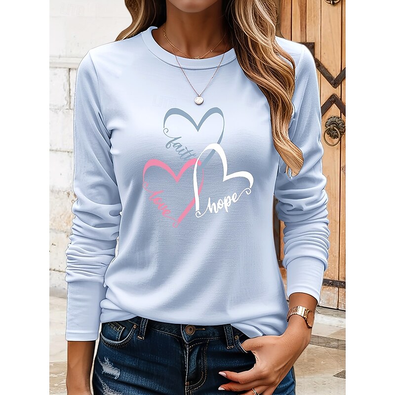 Women's T Shirt Heart Graphic Vintage Stylish Classic Long Sleeve Crew Neck Round Neck Regular Tops Daily Print Black Blue Khaki Rose Pink Summer Spring Fall